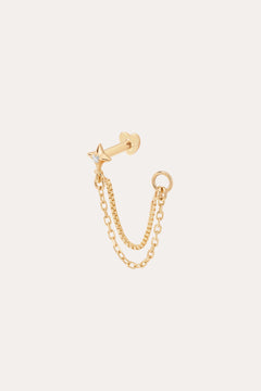 The 14K Solid Yellow Gold Lab-grown Diamond Double Chain Flat Back Stud features a small star design with a clear lab-grown diamond center and two gold chains for a double chain piercing effect.