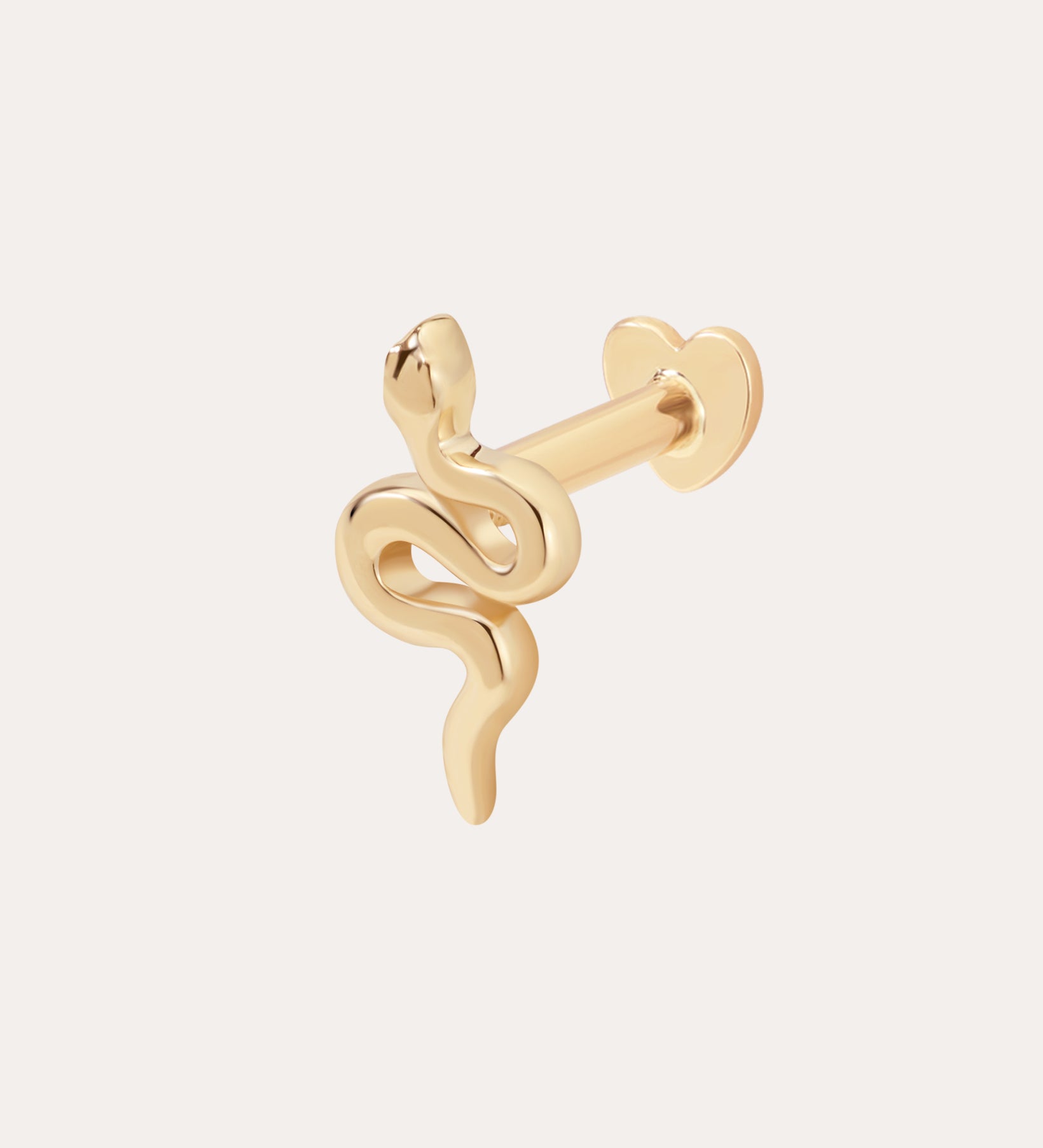 The 14K Solid Gold Snake Flat Back Stud features a curved, wavy design and flat back, shown on a plain white background—a chic piercing jewelry piece.