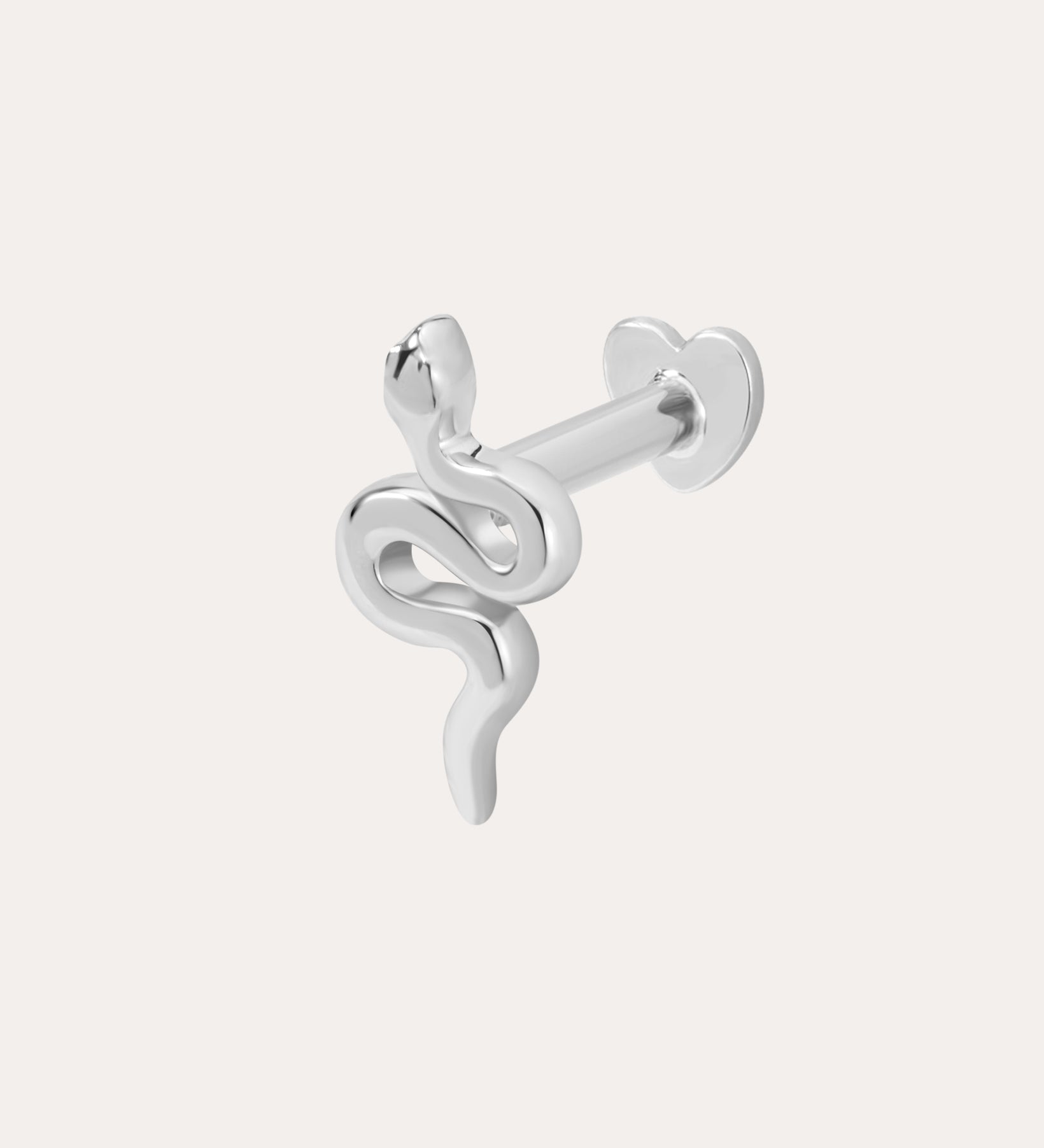 A 14K Solid Gold Snake Flat Back Stud in 14K white gold, shaped like a coiled snake with the head at the top and body curving down—ideal for helix piercings, shown on a plain white background.