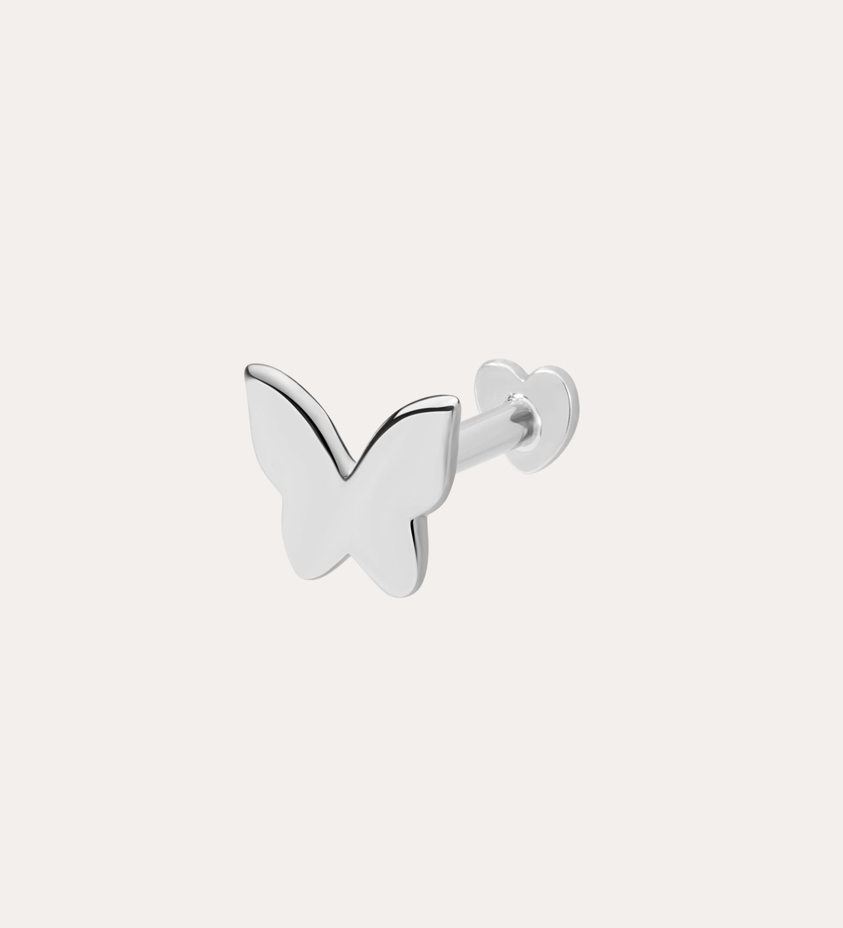 The 14K Solid White Gold Butterfly Flat Back Stud features a minimalist butterfly design in 14K white gold, crafted with a flat back stud and shown against a plain white background.