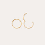 Two 14K Solid Yellow Gold 20G Mini Clicker hoop earrings are shown on a plain white background; one earring is fully closed and the other is partially open.