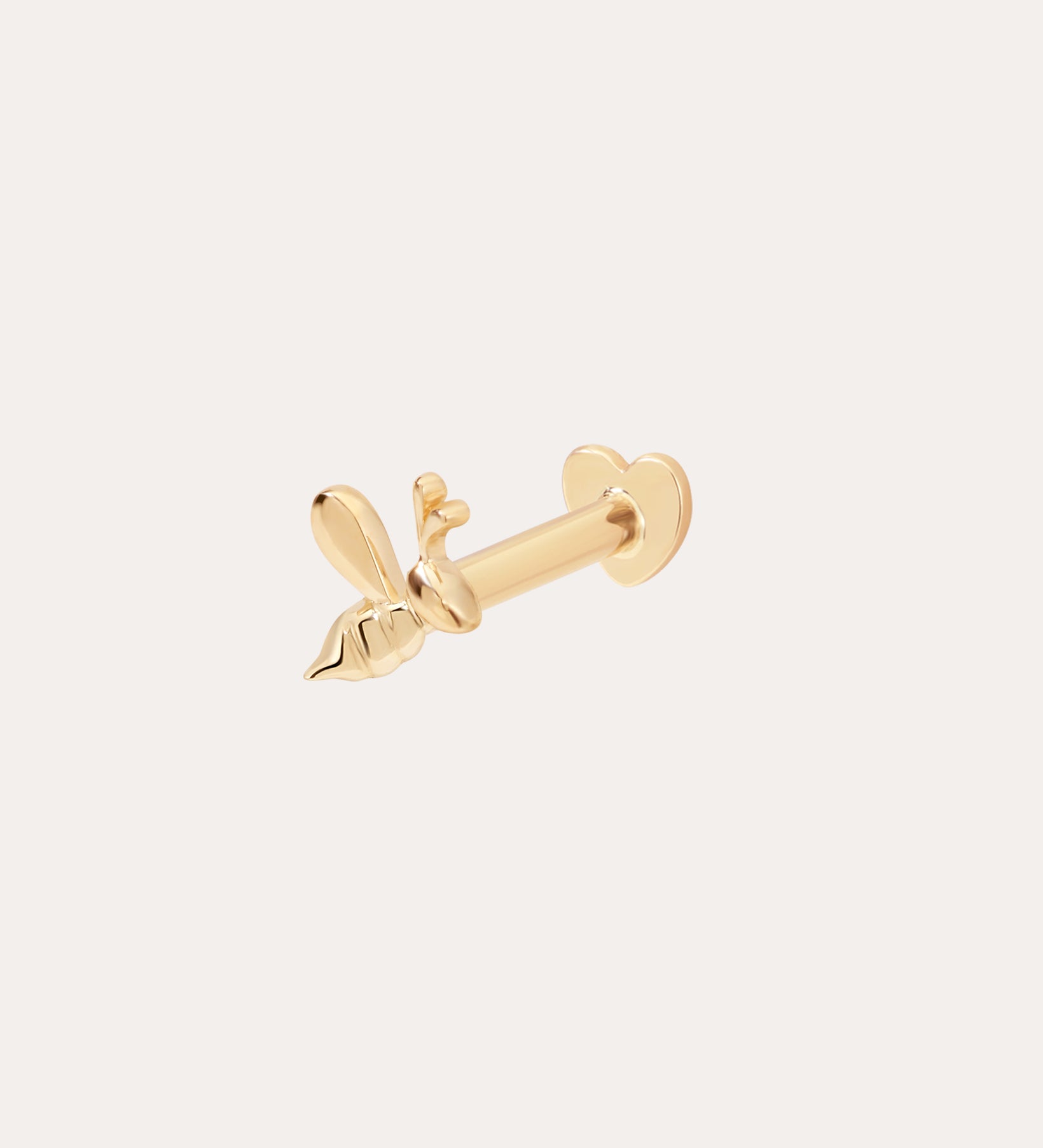 The 14K Solid Yellow Gold Bumble Bee Flat Back Stud (Left) features delicate wings and a textured body in 14K yellow gold, shown on a plain light background—perfect for unique body jewellery.