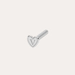 A small silver 18G(1mm) / 8mm Flat Back Post earring with a heart-shaped front engraved with "V," designed for comfort and shown against a plain light background.