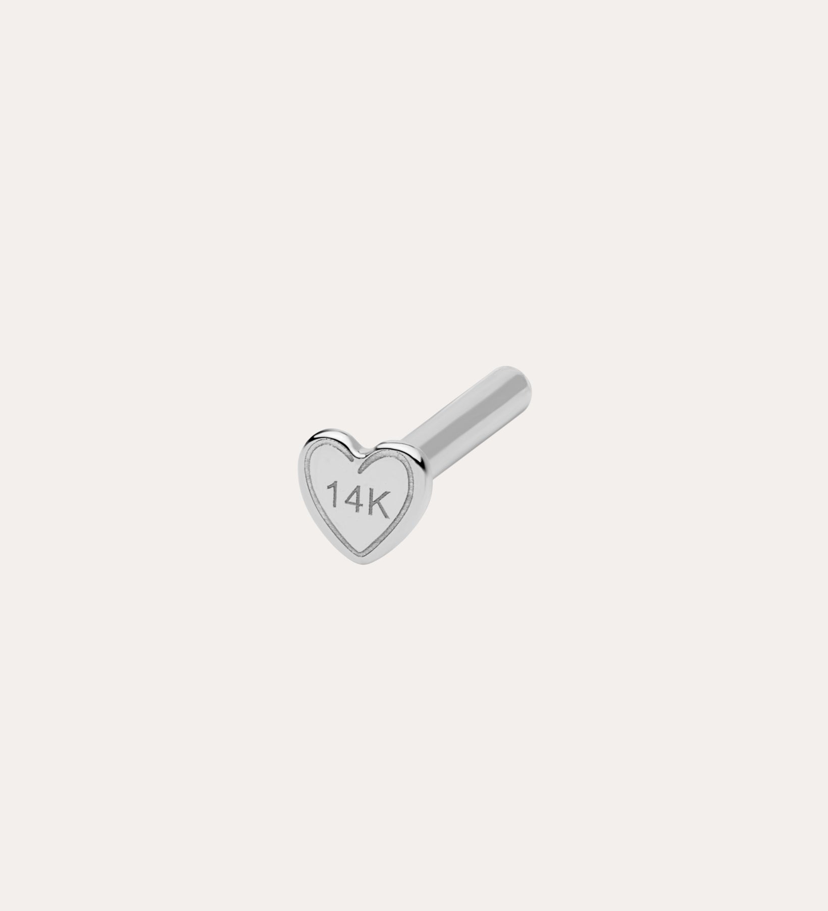 A small, silver-colored 18G(1mm) / 8mm Flat Back Post earring is shown on a plain white background, featuring a heart-shaped front engraved with 14K to indicate it's made of 14-karat gold.