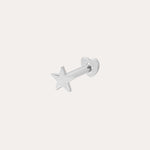 The 14K Solid White Gold Mini Star Flat Back Stud features a five-pointed star front and a smooth circular backing, offering subtle celestial charm to your style against a plain white background.