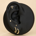 Black ear with gold earrings on a beige background with solid gold flatback studs