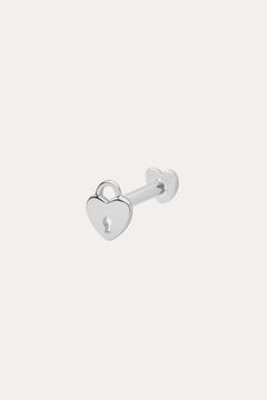 The 14K Solid White Gold Lock Flat Back Stud features a heart-shaped padlock with a central keyhole design, set against a plain white background—an elegant addition to your body jewellery collection.