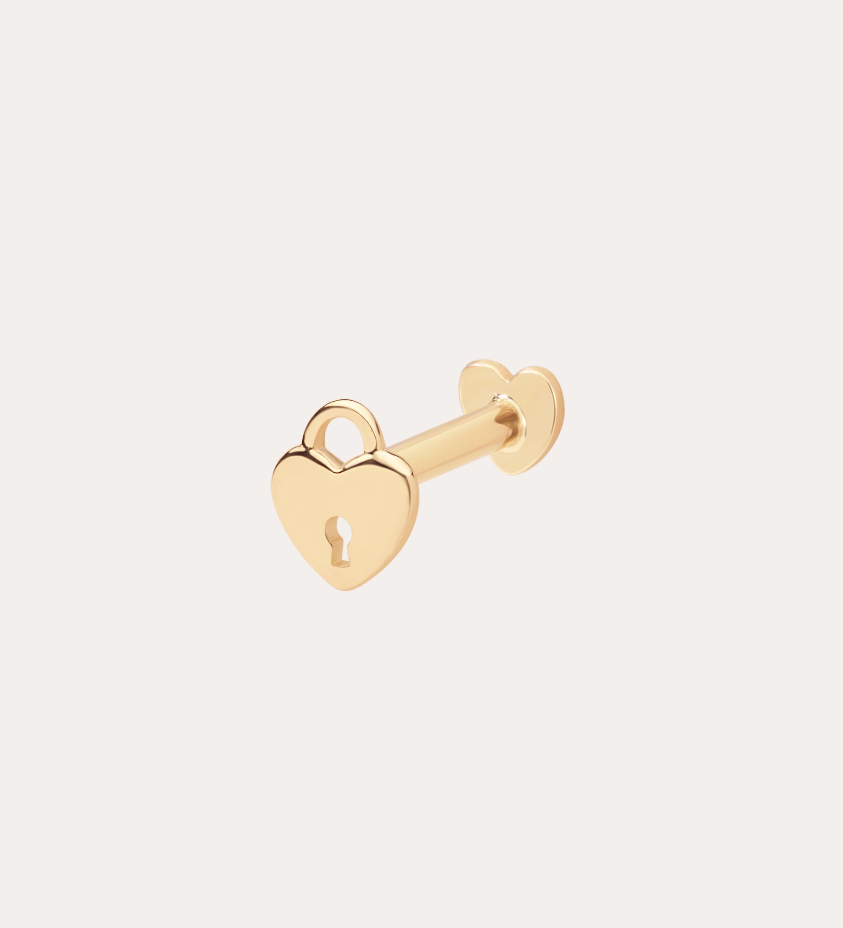 The 14K Solid Yellow Gold Lock Flat Back Stud is a heart-shaped padlock earring with a keyhole cutout and flat back, shown in shiny 14K yellow gold on a plain, light background.
