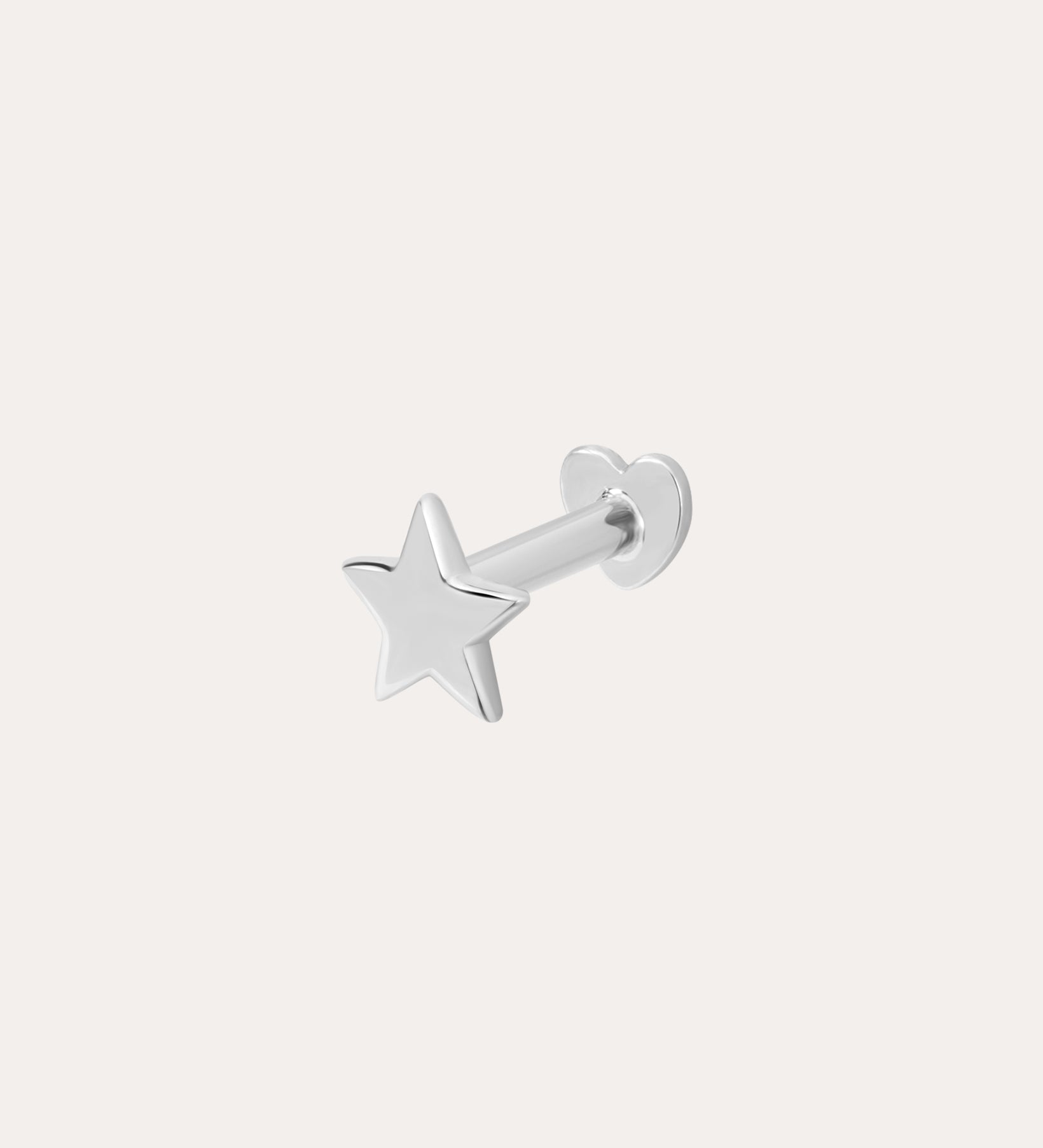 A 14K Solid White Gold Star Flat Back Stud earring featuring a small five-pointed star and simple round backing, perfect for ear stacking. Shown in elegant 14K white gold against a plain white background.