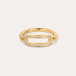 The Heidi Moissanite Paperclip Ring in 18k Gold Plated features an elongated oval open center outlined with sparkling moissanite stones, set against a plain light background. Stackable design enhances its elegant appeal.