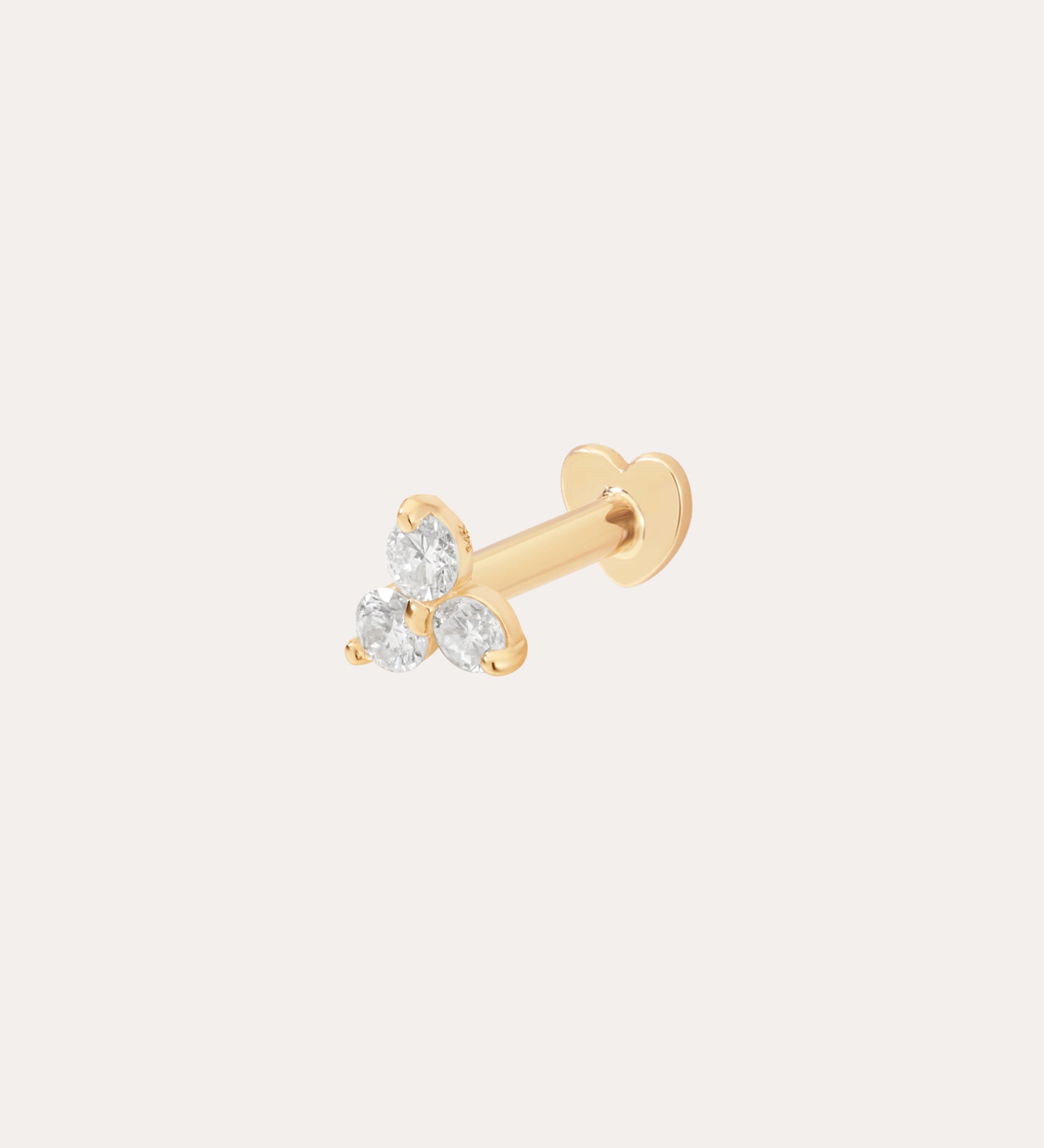 The 14K Solid Yellow Gold Lab-Grown Diamond Trinity Flat Back Stud features three clear round diamonds in a triangle, set in 14K yellow gold and pictured against a plain light background.