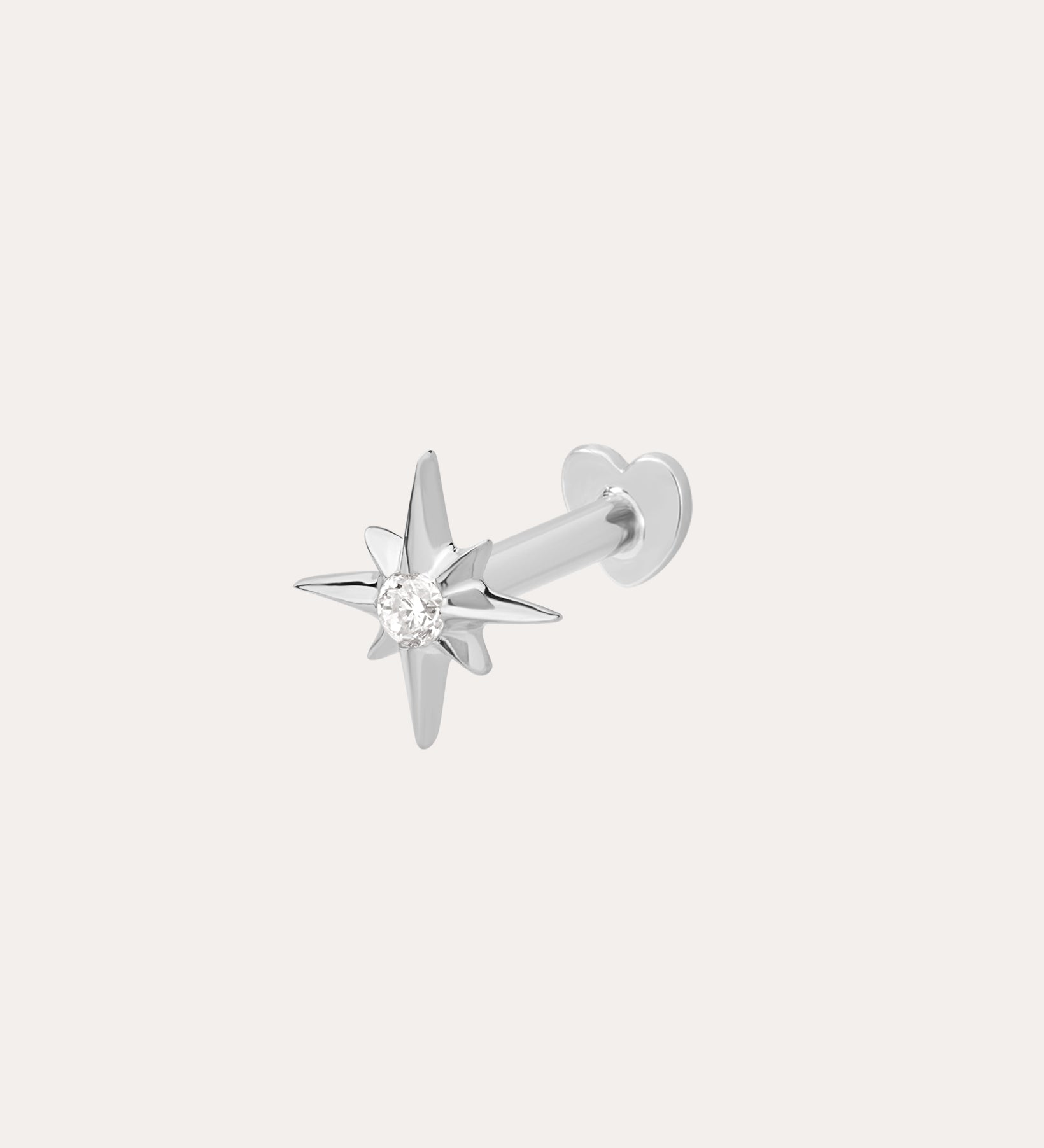 The 14K Solid White Gold Lab-grown Diamond North Star Flat Back Stud in 14K white gold features a lab-grown diamond center and is shown on a simple light background.