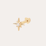 The 14K Solid Yellow Gold Lab-grown Diamond North Star Flat Back Stud features an eight-pointed star in yellow gold with a central lab-grown diamond, shown on a plain white background.
