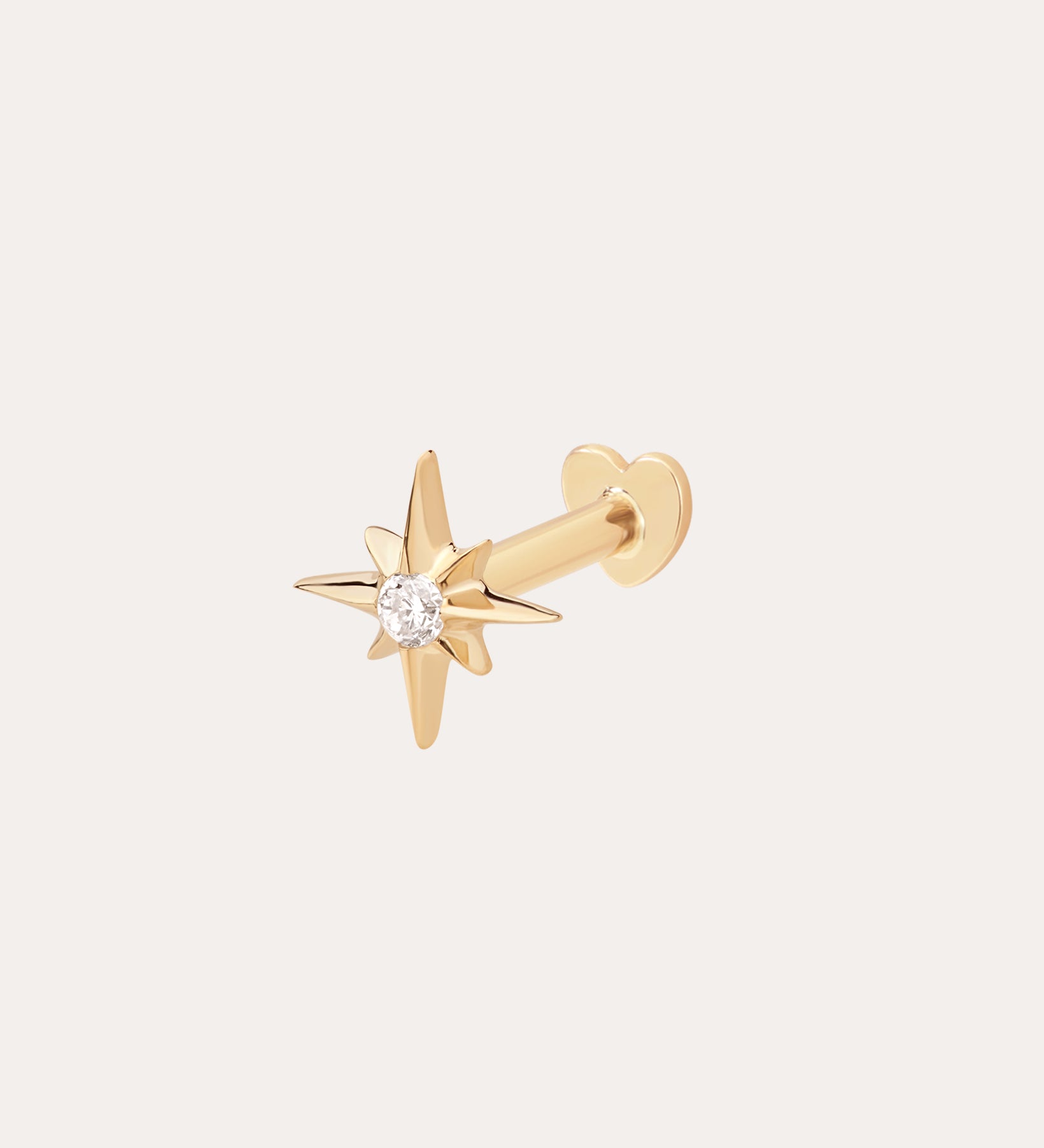 The 14K Solid Yellow Gold Lab-grown Diamond North Star Flat Back Stud features an eight-pointed star in yellow gold with a central lab-grown diamond, shown on a plain white background.