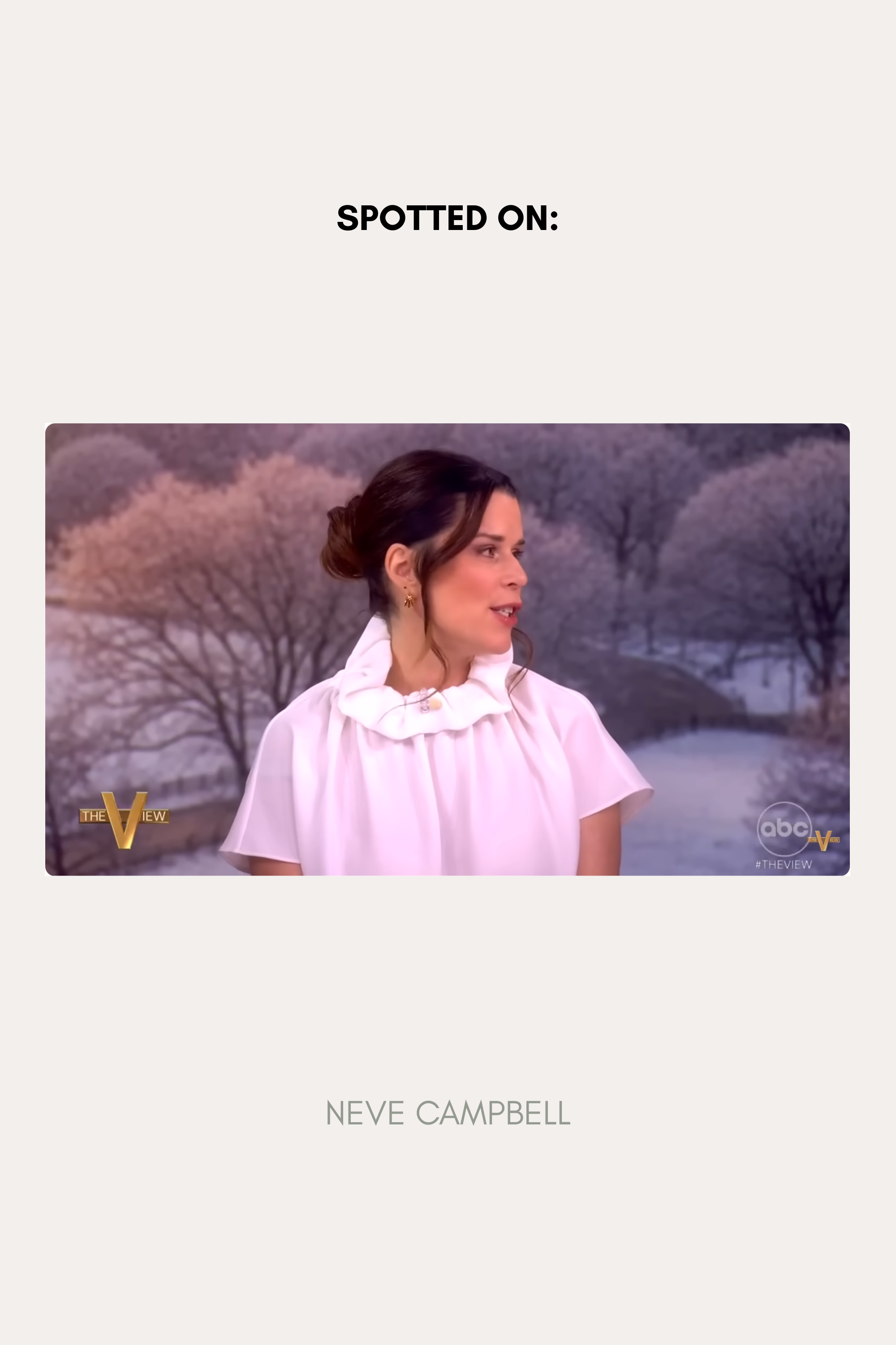 A woman in a white ruffled top and Esther Square Hoop Stud Earrings in Silver sits on a talk show set with a winter tree background. "SPOTTED ON:" and "NEVE CAMPBELL" appear, along with The View and ABC logos.