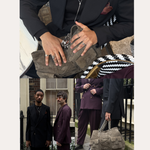 A collage shows two men in dark suits—one black, one burgundy—each with a taupe chain-strap bag. Close-ups spotlight the Vica Fluid Wave Chunky Band Ring in Silver among their accessories. Text: “Spotted On: Wolf & Badger Trending.”.