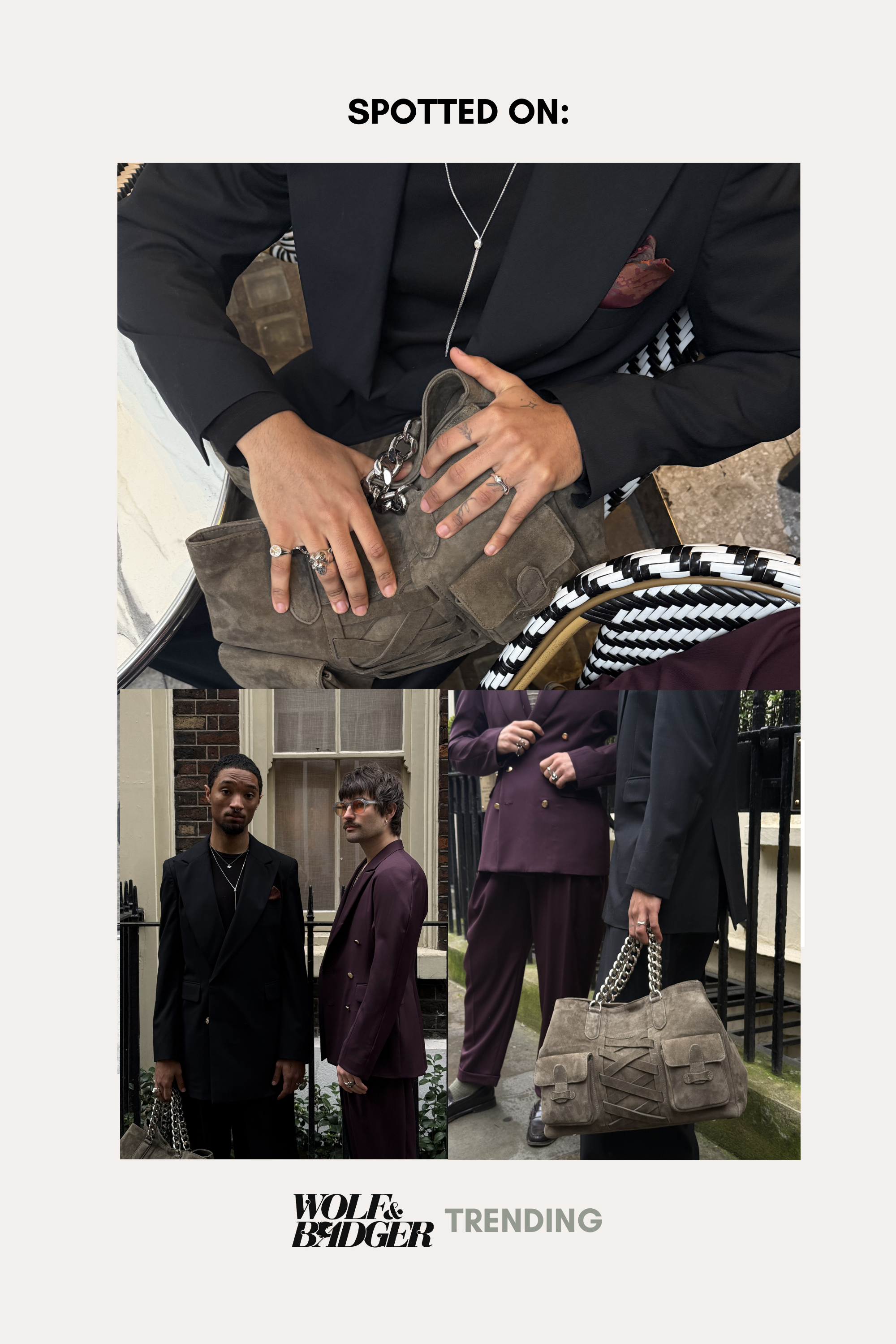 A collage shows two men in dark suits—one black, one burgundy—each with a taupe chain-strap bag. Close-ups spotlight the Vica Fluid Wave Chunky Band Ring in Silver among their accessories. Text: “Spotted On: Wolf & Badger Trending.”.