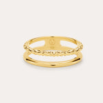 The Molten Double Band Ring in Gold, crafted in 18k gold plated with smooth and twisted rope bands, is elegantly displayed against a light background.