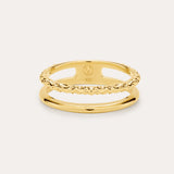 The Molten Double Band Ring in Gold, crafted in 18k gold plated with smooth and twisted rope bands, is elegantly displayed against a light background.