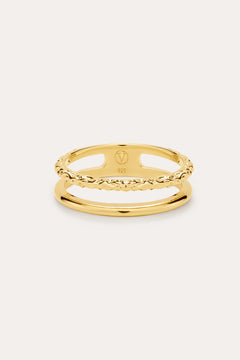 The Molten Double Band Ring in Gold, crafted in 18k gold plated with smooth and twisted rope bands, is elegantly displayed against a light background.