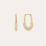 The Nouf Pavé Hoop Earrings in 18k Gold Plated feature small hoops encrusted with sparkling cubic zirconia along the lower half, shown on a plain light background.