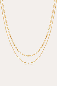 The Mini Paperclip Double Chain Necklace in Gold features two 18k gold plated layered chains—one with delicate elongated links, the other with fine round links—displayed elegantly against a plain, light background.