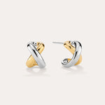 Mia Two-tone Mixed Metal Hoops in 18k gold plating feature an intertwined gold and silver design, shown on a light background—ideal for everyday wear.