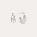 The Esther Square Hoop Stud Earrings in Silver feature a layered, open geometric design, shown upright and sideways against a simple light background.