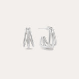 The Esther Square Hoop Stud Earrings in Silver feature a layered, open geometric design, shown upright and sideways against a simple light background.