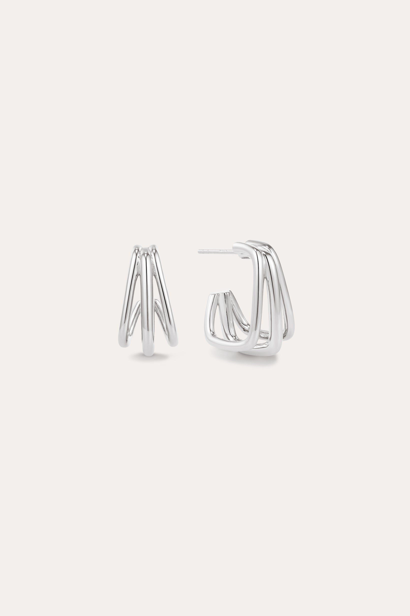 The Esther Square Hoop Stud Earrings in Silver feature a layered, open geometric design, shown upright and sideways against a simple light background.