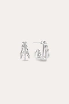 The Esther Square Hoop Stud Earrings in Silver feature a layered, open geometric design, shown upright and sideways against a simple light background.