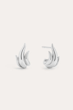 Flame Stud Earrings in Silver, crafted from sterling silver with a smooth, curved flame design. Ideal for modern jewellery lovers and shown on a plain white background.