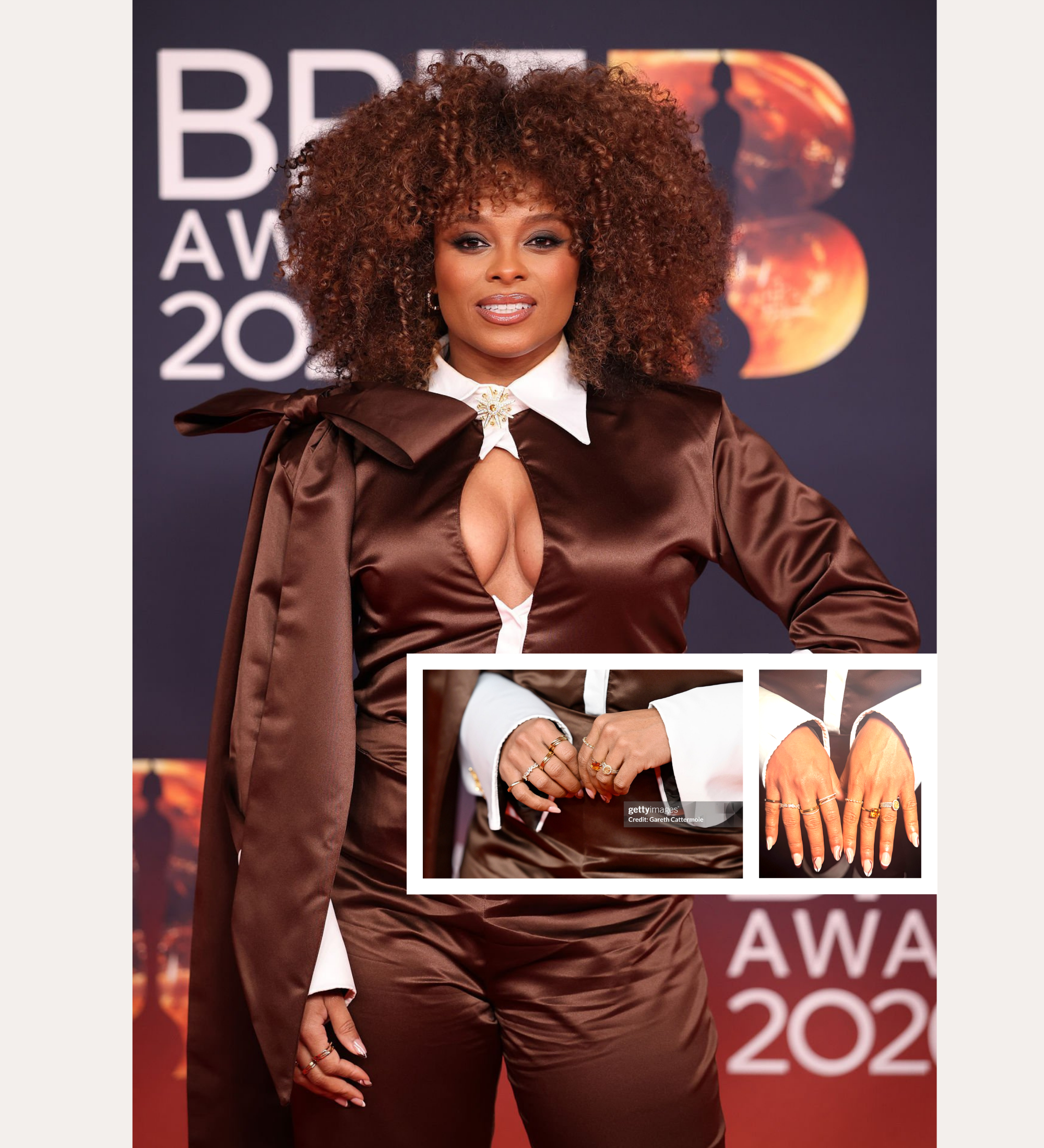 Fleur East poses on the red carpet in a brown satin outfit with dramatic sleeves and a white collar, accessorized with the Nola Pavé Triple Band Ring in Silver, a brown clutch bag, and manicured nails at the 2023 BRIT Awards.