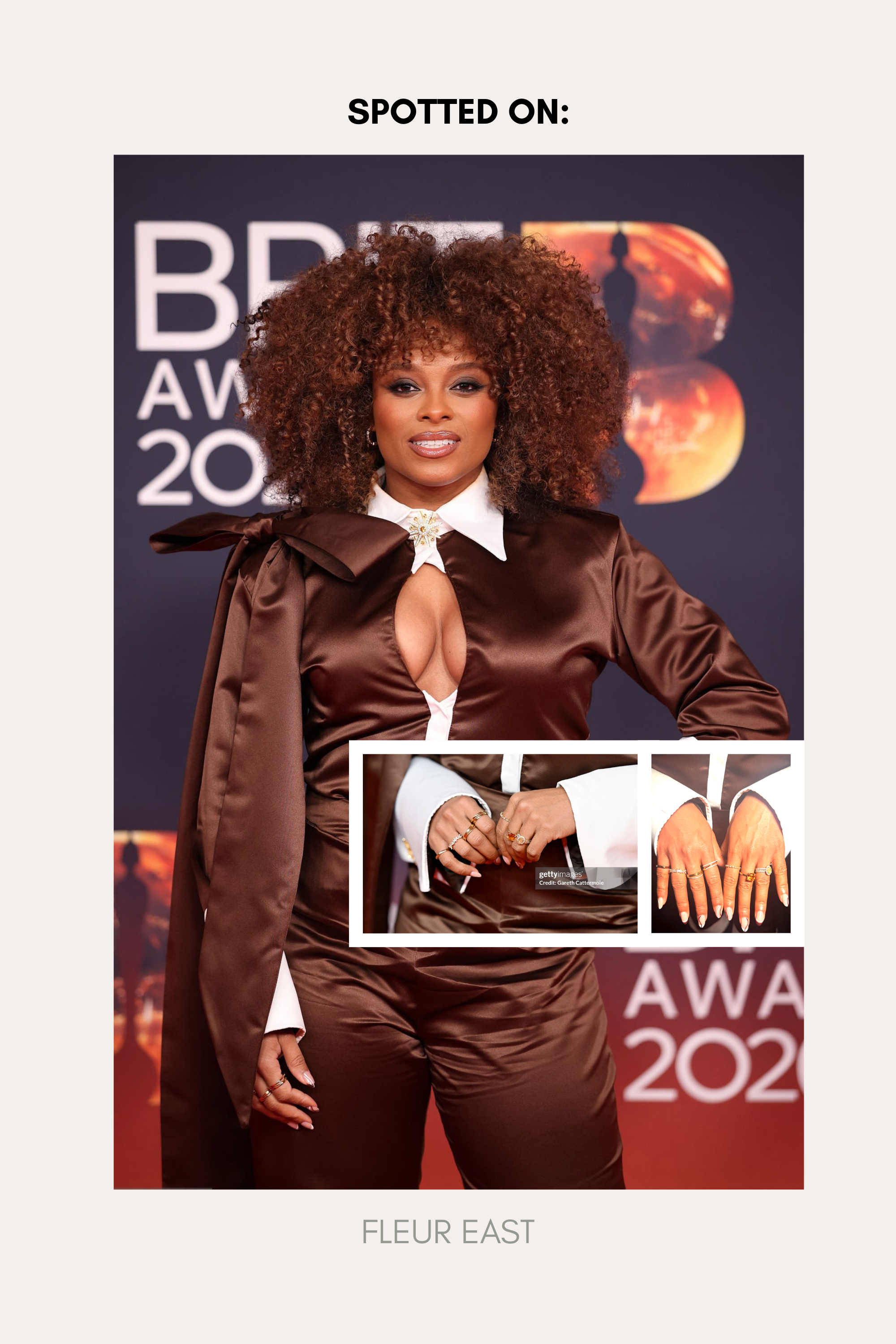 Fleur East poses on the red carpet in a brown satin outfit with dramatic sleeves and a white collar, accessorized with the Nola Pavé Triple Band Ring in Silver, a brown clutch bag, and manicured nails at the 2023 BRIT Awards.