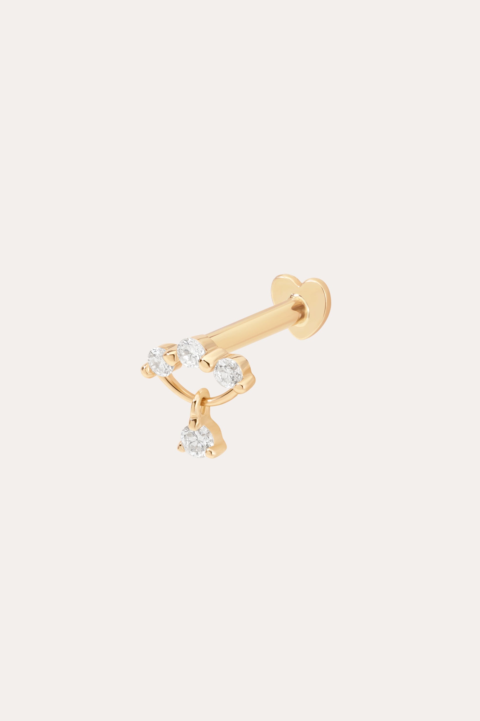 The 14K Solid Yellow Gold Freda Lab-grown Diamond Flat Back Stud features three small round gemstones in a curved line and a dangling lab-grown diamond, all in 14K yellow gold, shown against a plain light background.