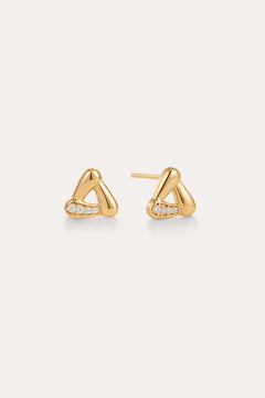 A pair of Colette Droop Link Studs in Gold, designed in a rounded triangular shape with three small diamonds set along one side, displayed on a plain light background.
