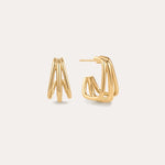 The Esther Square Hoop Stud Earrings in Gold feature a modern, triple-layered sculptural design, displayed on a plain light background—one earring shown from the front and the other from the side.