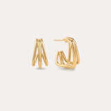 The Esther Square Hoop Stud Earrings in Gold feature a modern, triple-layered sculptural design, displayed on a plain light background—one earring shown from the front and the other from the side.