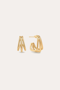 The Esther Square Hoop Stud Earrings in Gold feature a modern, triple-layered sculptural design, displayed on a plain light background—one earring shown from the front and the other from the side.