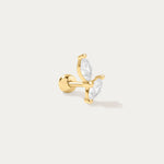 The Flora Barbell Stud in Gold is a butterfly-shaped earring with two clear marquise-cut cubic zirconia wings, shown on a plain white background.