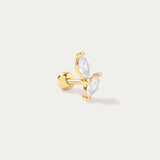 The Flora Barbell Stud in Gold is a butterfly-shaped earring with two clear marquise-cut cubic zirconia wings, shown on a plain white background.