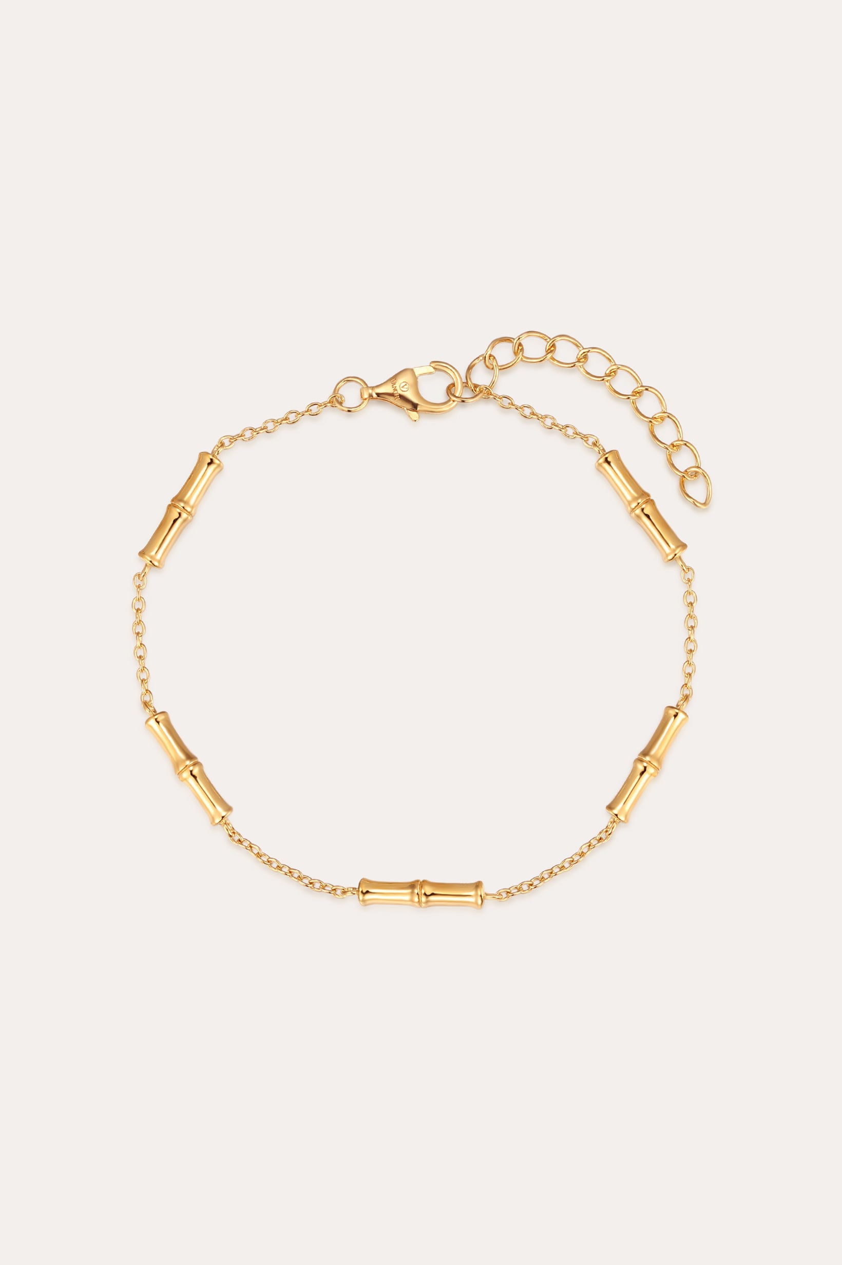 The Bamboo Chain Bracelet in Gold features a bamboo-inspired design with small cylindrical segments on a fine chain, 18k gold plating, an adjustable extension, and a lobster clasp closure.