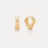 The Juliet Angular Huggies in Gold, featuring a modern geometric design with parallel lines and angular edges, are displayed on a light neutral background—perfect for fans of stylish gold huggies.