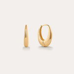 The Lila Medium Round Dome Hoop Earrings in Gold, each 16mm and crafted in 18k yellow gold, are displayed on a plain light background—one showing its sleek side curve, the other highlighting its polished, rounded front.