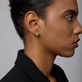 A woman with dark hair in a neat bun wears a black blazer and showcases the Mia Two-tone Mixed Metal Hoops. She appears in profile against a plain, light gray background.