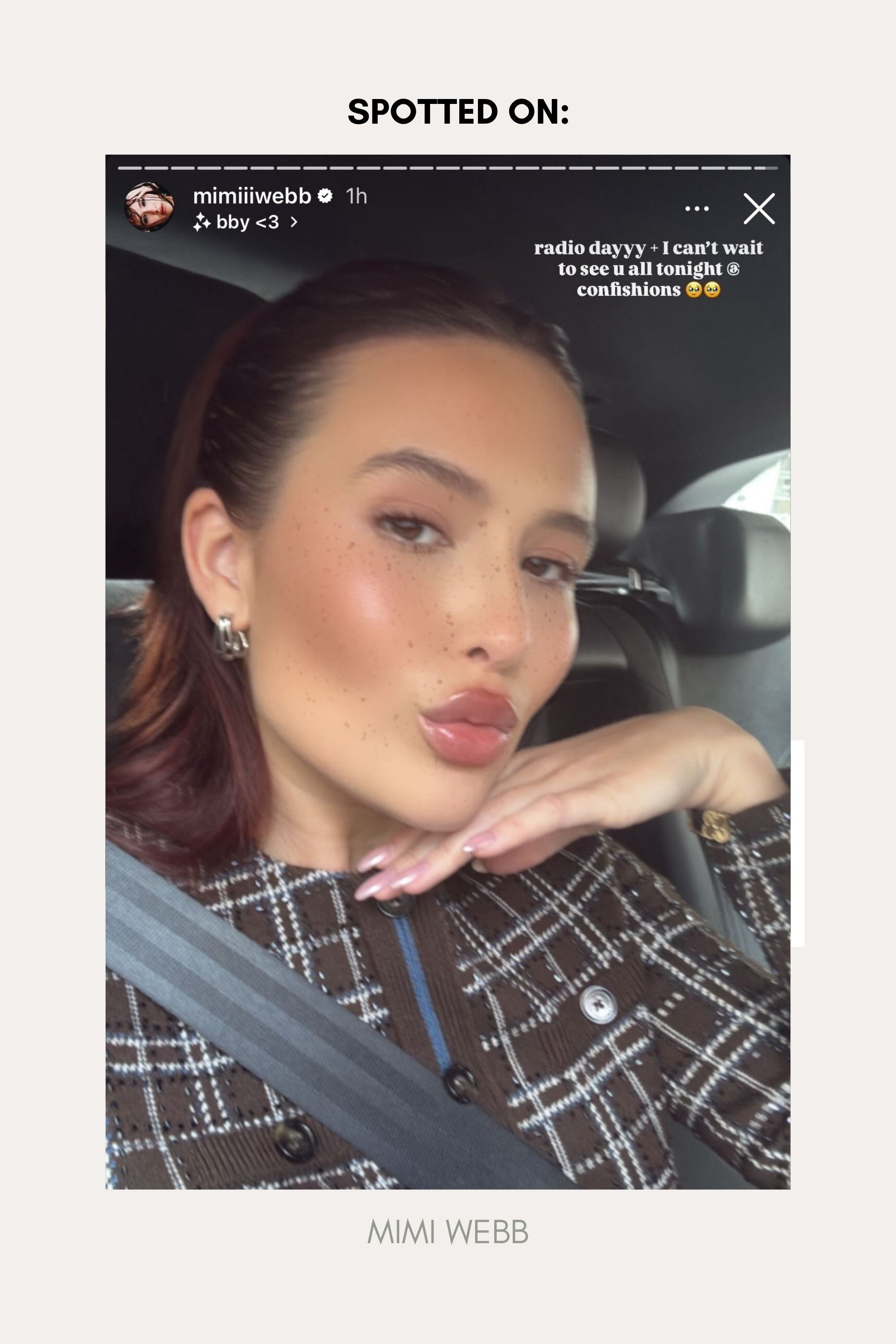 A young woman with slicked-back brown hair takes a car selfie, wearing a plaid top and Esther Square Hoop Stud Earrings in Silver. Text above her reads, “radio dayyy ·· I can’t wait to see y’all tonight @ confessions.”.