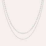 The Mini Paperclip Double Chain Necklace in Silver features two sterling silver layers: an upper chain with elongated oval links and a lower chain with smaller, closely connected links for a simple, elegant look.
