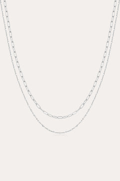 The Mini Paperclip Double Chain Necklace in Silver features two sterling silver layers: an upper chain with elongated oval links and a lower chain with smaller, closely connected links for a simple, elegant look.