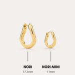 Two minimalist hoop earrings displayed side by side on a neutral background; the left is NORI (17.3mm), and the right is Nori Mini Twisted Huggies in Gold (11mm)—perfect gold-plated huggies for everyday style.