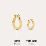 Two minimalist hoop earrings displayed side by side on a neutral background; the left is NORI (17.3mm), and the right is Nori Mini Twisted Huggies in Gold (11mm)—perfect gold-plated huggies for everyday style.
